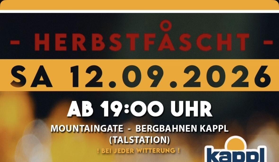 A flyer for the autumn festival on September 12, 2026. The event takes place starting at 7:00 p.m. at the valley station of the Kappl mountain railways.