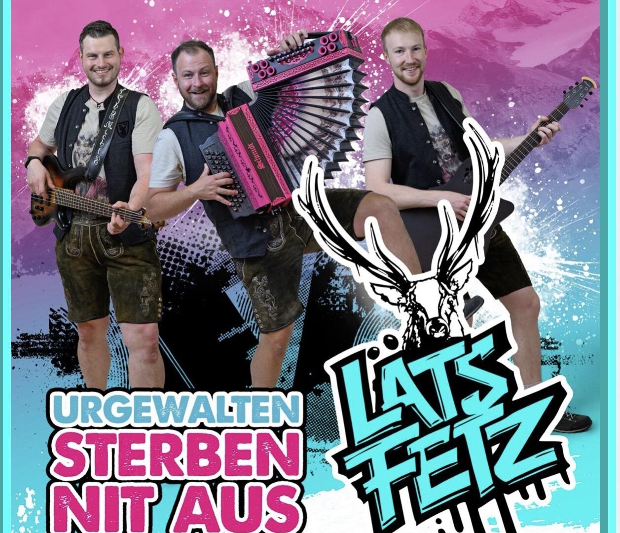 Three musicians in traditional clothing stand in front of a colorful, stylized background graphic. They are playing various instruments and radiating good cheer.