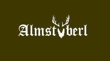 A stylish logo with the inscription "Almstüberl" in white on an olive green background. The design features antler motifs that convey a rustic atmosphere.