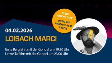 Ein Plakat für das Event "Medrig Night Fever" in See am 04.02.2026. Es zeigt Informationen zu Konzerten, Laser-Shows und weiteren Veranstaltungen sowie das Bild eines Mannes.