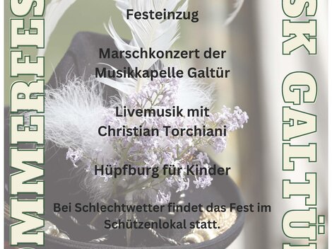 A poster for the summer festival in Galtür on the 15th of August. It contains information about the parade, a march concert, and live music.