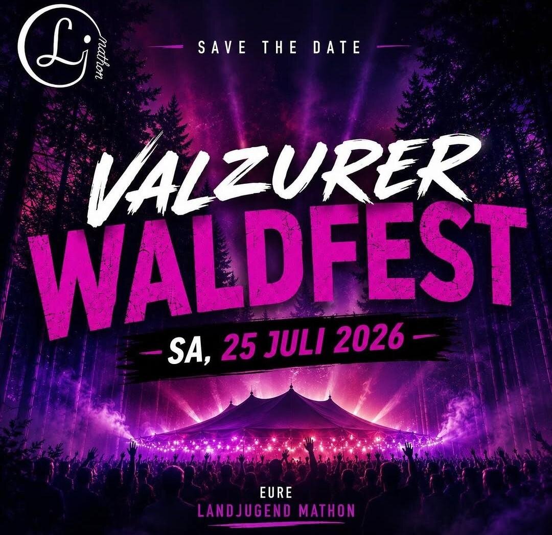 A poster for the Valzurer Waldfest on July 26, 2025. It shows details about admission prices, a free shuttle, and a party with a DJ.