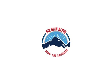 A logo of Piz Buin Alpin, depicting mountains and activities in the snow. It features a stylized mountain range in blue and red colors.