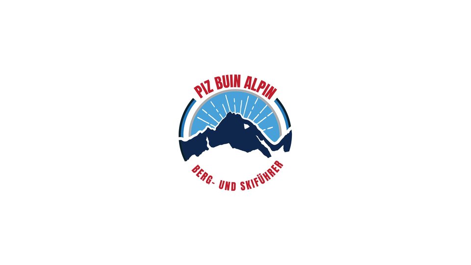 Ein Logo von Piz Buin Alpin, das Berge und Aktivitäten im Schnee darstellt. Es zeigt eine stilisierte Bergkette in blauen und roten Farben.