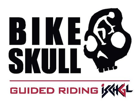 A logo with the inscription "Bike Skull" and a graphic representation of a cyclist on a skull. Below it says "Guided Riding Ischgl".