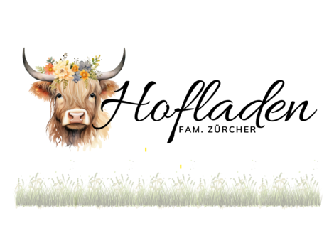 Ein kreatives Logo mit einem Hochlandrind, das einen Blumenkranz trägt. Der Schriftzug „Hofladen Fam. Zürcher“ ist elegant gestaltet.