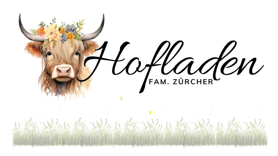 Ein kreatives Logo mit einem Hochlandrind, das einen Blumenkranz trägt. Der Schriftzug „Hofladen Fam. Zürcher“ ist elegant gestaltet.