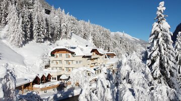 A picturesque hotel in a snow-covered landscape. Tall pine trees and blue sky create a winter atmosphere.