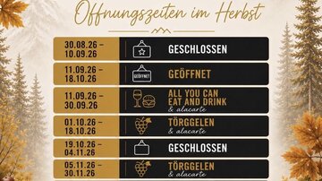 A flyer with the opening hours of the restaurant Mountaingarage in autumn. It displays various events and days with closed or open times.