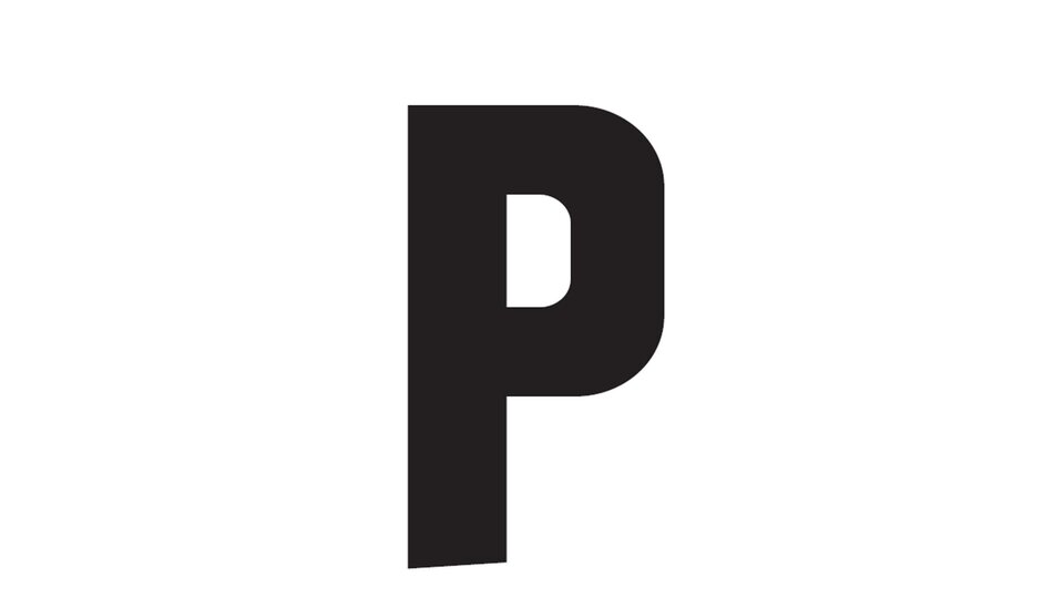 Ein großes, schwarzes „P“ auf weißem Hintergrund. Es handelt sich um ein einfaches, modernes Design.