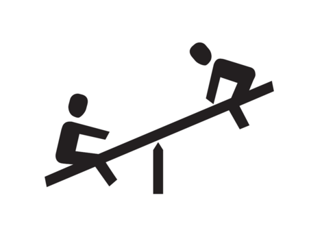 Zwei Figuren auf einer Wippe, die sich gegenseitig ausbalancieren. Die Wippe steht auf einem stabilen Pfosten.