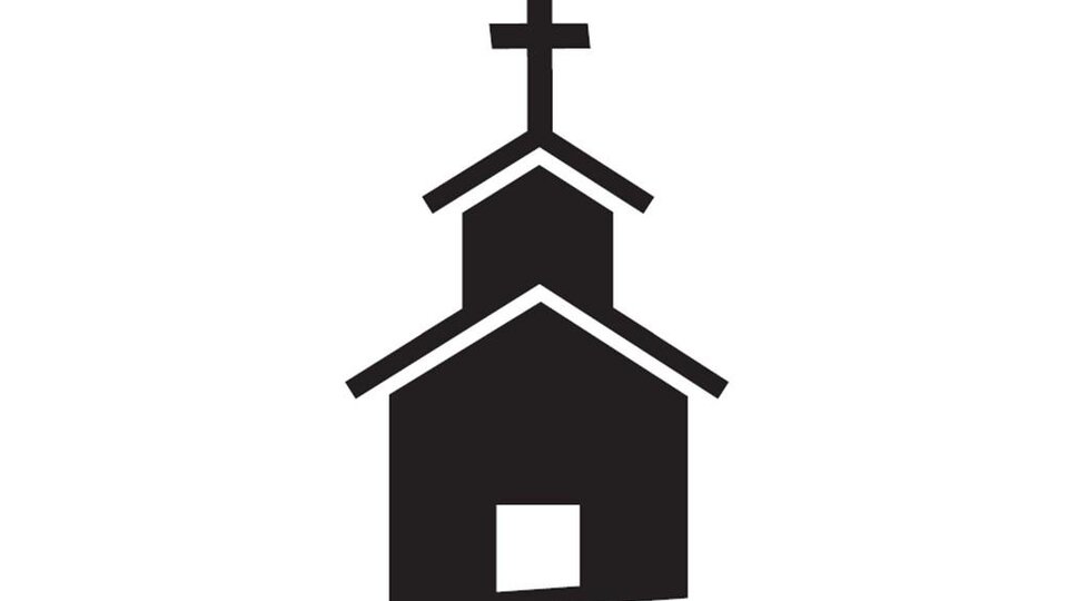 A stylized depiction of a church with a cross on the roof. The lines are simple and clear.